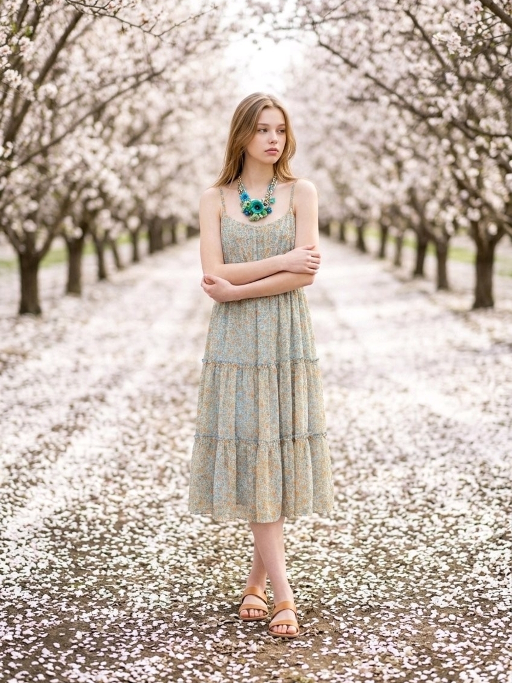 Mittoshop Small Sleeveless Floral Tiered Midi Dress in Light Blue